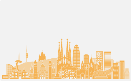 Dessin de couleur orange de la ville de Barcelone, avec la représentation des bâtiments les plus emblématiques
