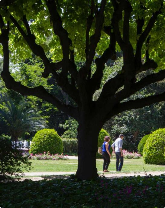 Dos personas paseando por un parque verde de Barcelona